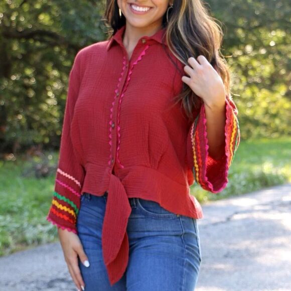 Ivy Jane Gauze Tie Front Bell Sleeve Top Button Front Chevron Terra Cotta Medium - Picture 7 of 10